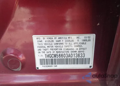 2003 Honda Accord 2.4 Ex из США, поврежденный, VIN 1HGCM56603A013633